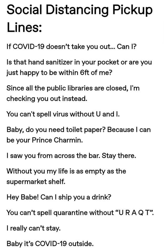 covid pickup lines, coronavirus pick-up lines, memes, openers