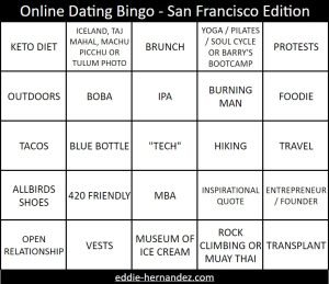 Online Dating Bingo - San Francisco Starter Pack, TindeBumble, Men, Women, Wardrobe, Profile