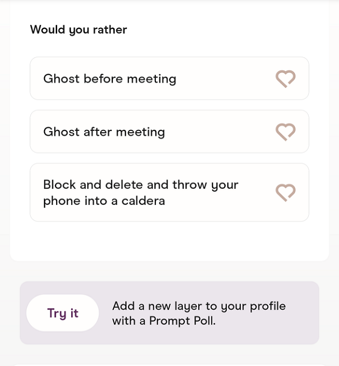 Ghosting Prompt Hinge Would Your Rather Poll Answer